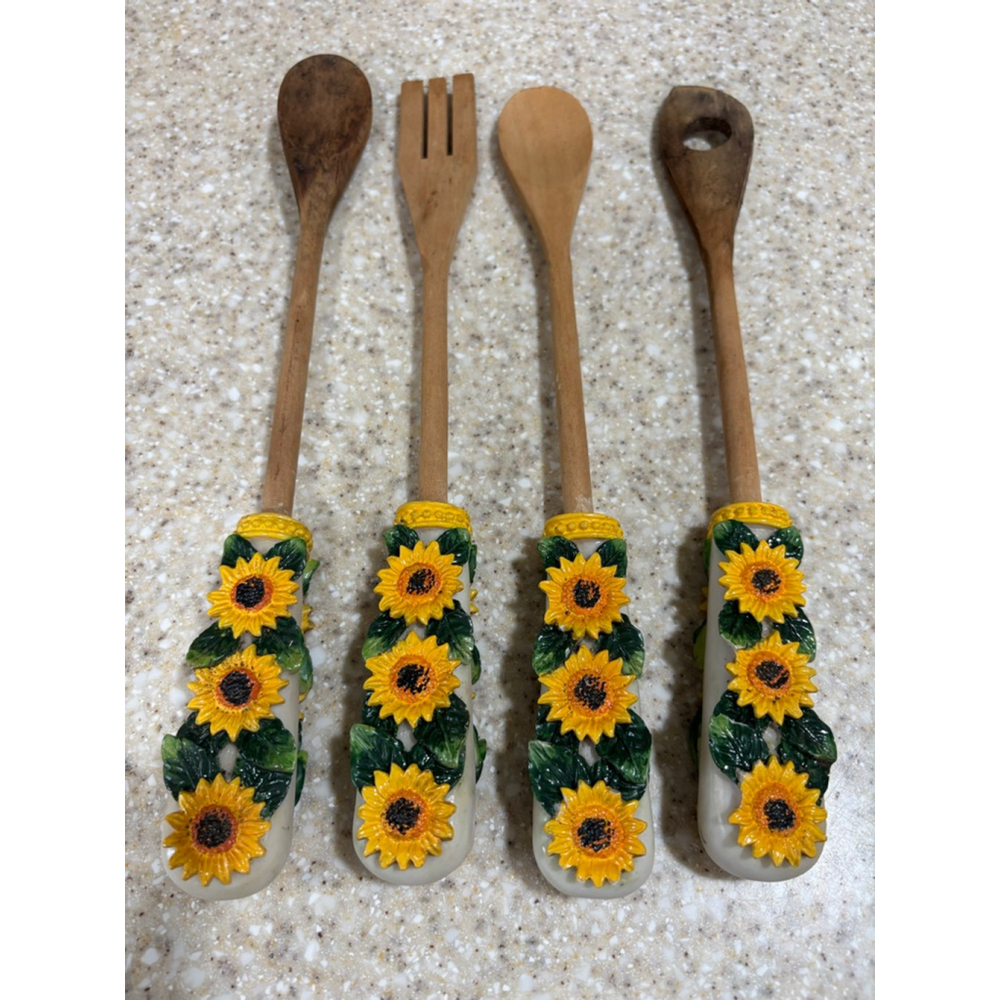 Sunflower Cooking Utensils Set of 4, Wood, Yellow Sunflower Handles One Size